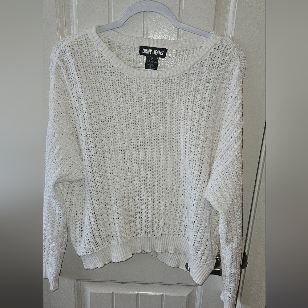 Dkny White Crew Neck Sweater Ribbed Knit